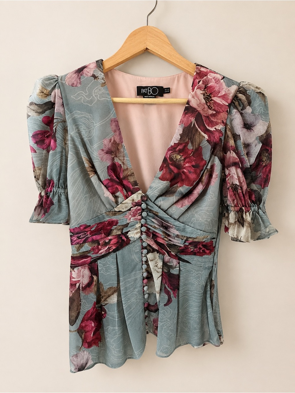PatBO Blue Floral V-Neck Puff Sleeve Blouse